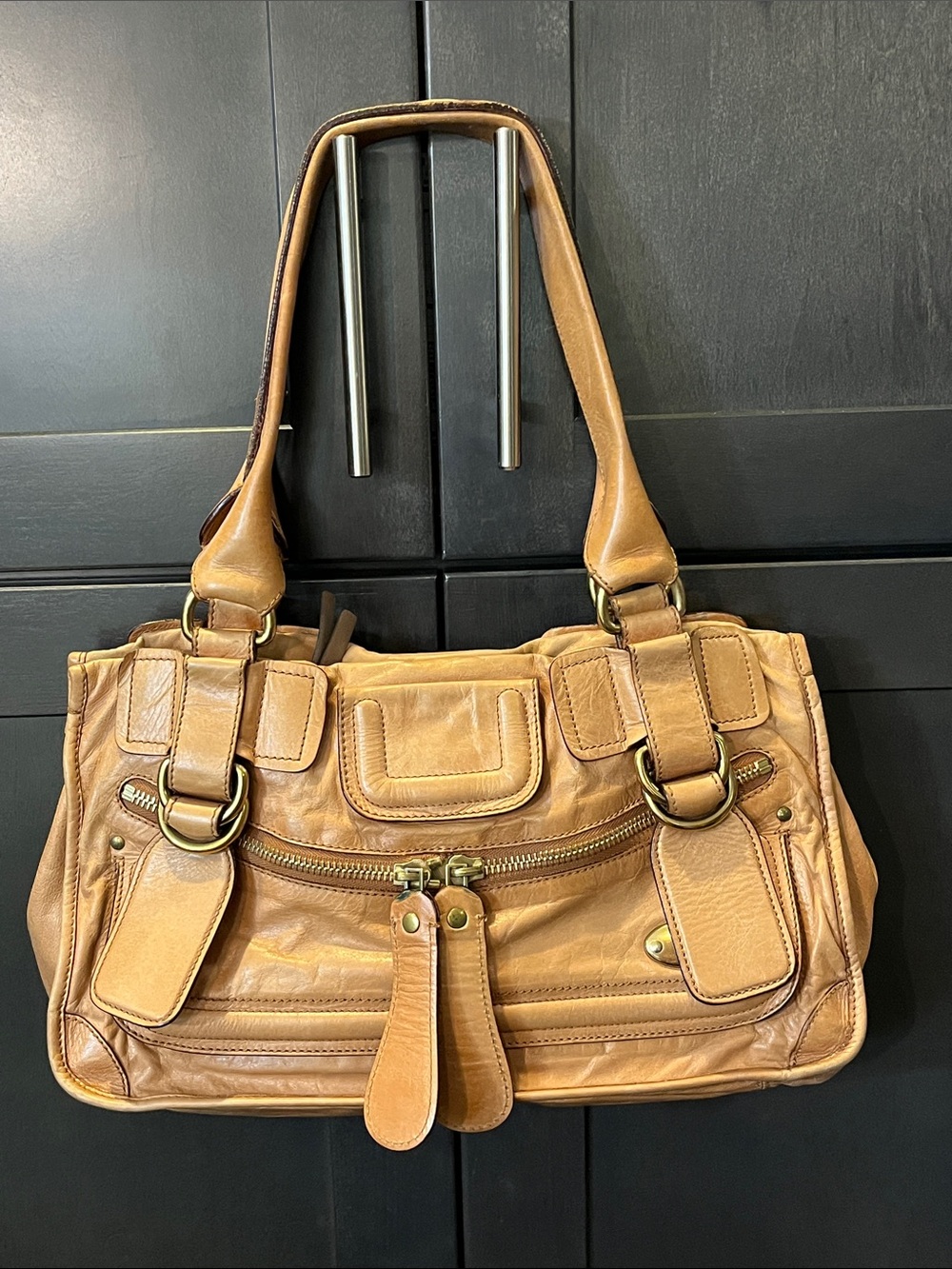 Chloe Leather Camel Shoulder Bag with Double Buckle Detail. Made in Italy. Roomy - Picture 14 of 16